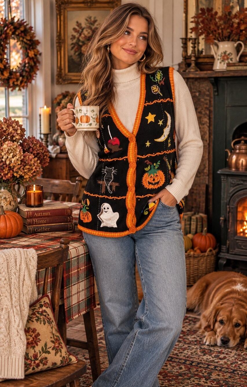 Basic Editions Vintage Women's Halloween Holiday Fall Sweater Vest in Size M